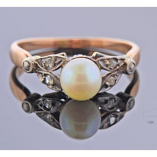 Antique 14k Gold Diamond Silver Pearl Ring 