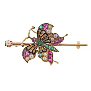 14k Gold Enamel Pearl Emerald Ruby Diamond Butterfly Brooch Pin 