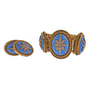 Antique Victorian 18k Gold Robin's Egg Enamel Diamond Bracelet Earrings Set