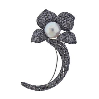 18k Gold Black Diamond South Sea Pearl Flower Brooch 