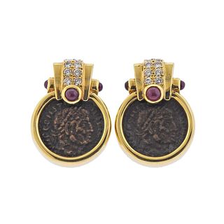 14k Gold Coin Ruby Diamond Earrings