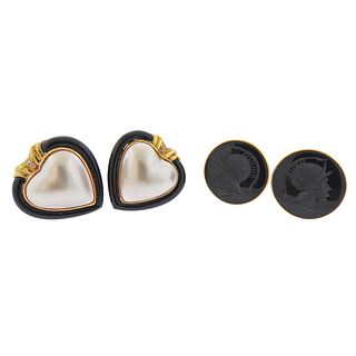 14k Gold Mabe Pearl Onyx Intaglio Diamond Earrings 2pc Lot 