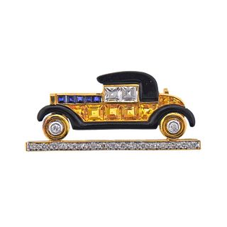 18k Gold Diamond Sapphire Enamel Vintage Car Brooch 