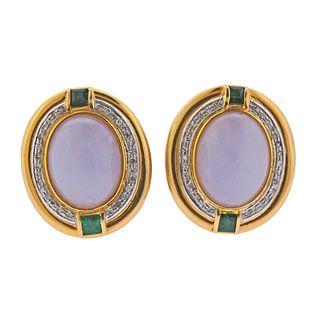14k Gold Lavender Jade Diamond Emerald Earrings 
