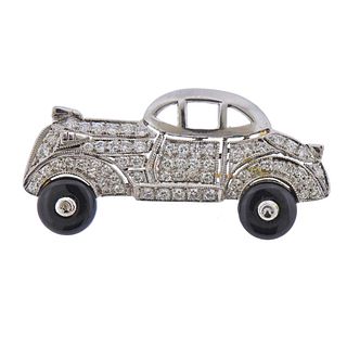 18k Gold Diamond Enamel Vintage Car Brooch 