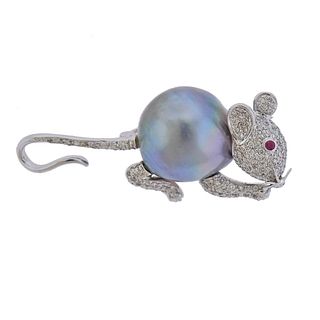 18k Gold Diamond Tahitian South Sea Pearl Diamond Ruby Mouse Brooch 