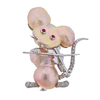 18k Gold Baroque Pearl Diamond Ruby Violinist Mouse Brooch