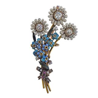 Antique Victorian 18k Gold Diamond Enamel Flower Brooch Pin 