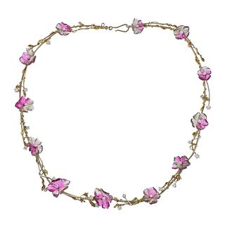 18k Gold Carved Tourmaline Diamond Flower Necklace 
