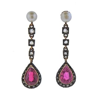 14k Gold Silver Rose Cut Diamond Pearl Pink Stone Earrings 