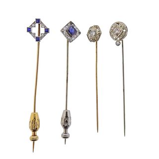 Art Deco Gold Diamond Stone Stick Pin Lot 4pc