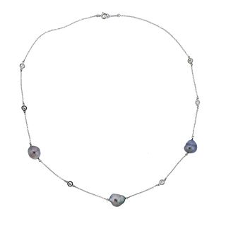  Tiffany & Co Peretti Platinum Diamond Pearl Station Necklace                      