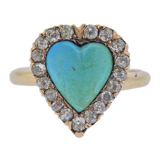 Antique Victorian 14k Gold Diamond Turquoise Heart Ring