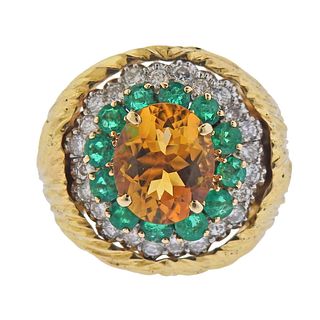 18k Gold Diamond Emerald Citrine Cocktail Ring 