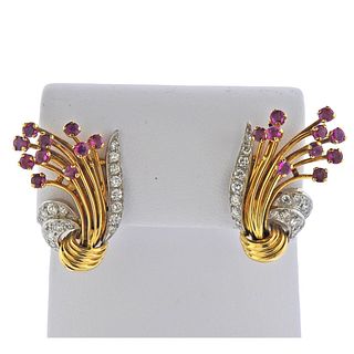 Kutchinsky 18k Gold Platinum Ruby Diamond Earrings 