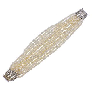 Mid Century 14k Gold Pearl Diamond Multi Strand Bracelet 