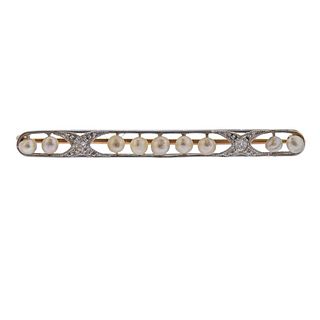 Art Deco Platinum 14k Gold Diamond Pearl Brooch Bar Pin 