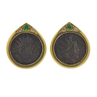 18k Gold Coin Diamond Gemstone Earrings 