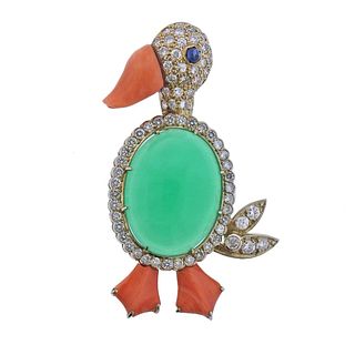 Continental 18k Gold Chrysoprase Coral Diamond Sapphire Duck Brooch 