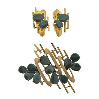 1970s 14k Gold Jade Earrings Brooch Set 
