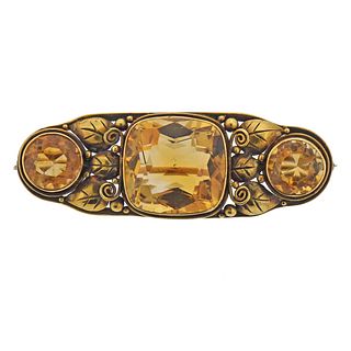 Arts & Crafts 14k Gold Citrine Brooch Pin 