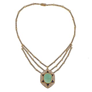 18k Gold Diamond Carved Emerald Sapphire Pendant Necklace 