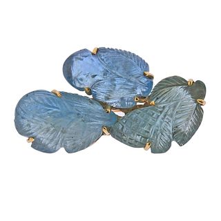 14k Gold Carved Aquamarine Brooch Pin 
