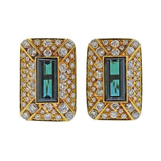 18k Gold Green Tourmaline Diamond Earrings 