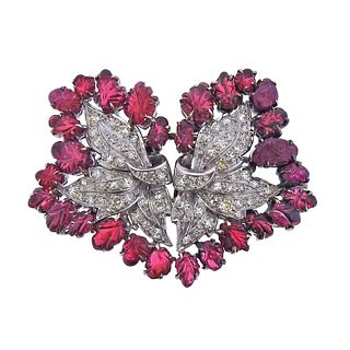 Mid Century Platinum Carved Ruby Spinel Diamond Brooch Clip Set 