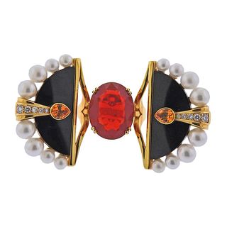 Lalique L'oiseau de Feu 18k Gold Fire Opal Sapphire Pearl Jade Diamond Ring 