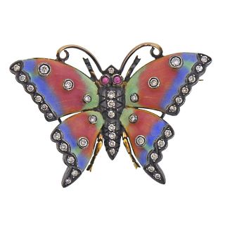 18k Gold Silver Enamel Diamond Ruby Butterfly Brooch 