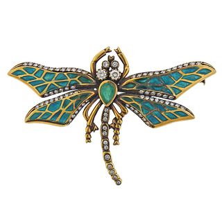 14k Gold Diamond Enamel Dragonfly Brooch Pin 