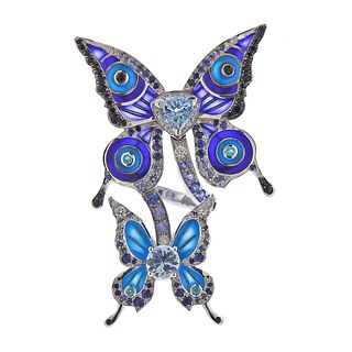 Lalique Psyche de Jour 18k Gold Glass Diamond Sapphire Topaz Butterfly Ring 
