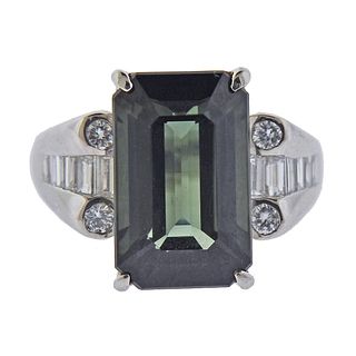 Platinum 8.62ct Green Tourmaline Diamond Ring 