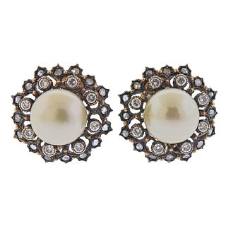 Buccellati 18k Gold Silver South Sea Pearl Diamond Earrings 