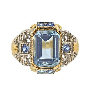 Art Deco 18k Gold Silver Blue Stone Ring
