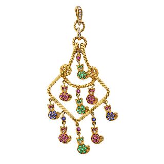 18k Gold Diamond Emerald Ruby Sapphire Cat Pendant 