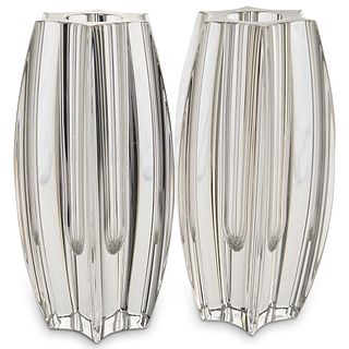 (2 Pc) Baccarat Modernist Clear Crystal Vase