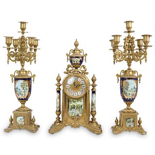 (3 Pcs) Imperial Style Gilt Bronze & Porcelain Clock Garniture