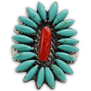 Navajo Sterling Turquoise and Coral Ring