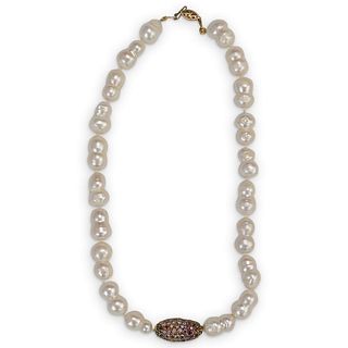 Baroque Pearl 18K Gold Ruby and Sapphire Necklace