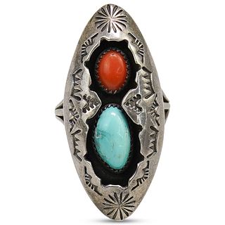 Sterling Silver, Red Coral and Turquoise Ring