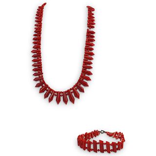 (2 Pc) Antique Natural Red Coral Necklace and Bracelet Set