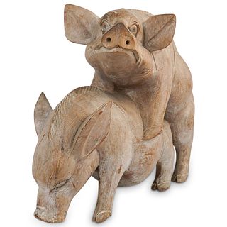 Folk Art Wooden Carved Mating Pigs