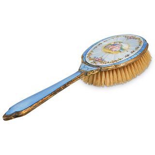 Antique French Painted Guilloche Enamel Hair Brush