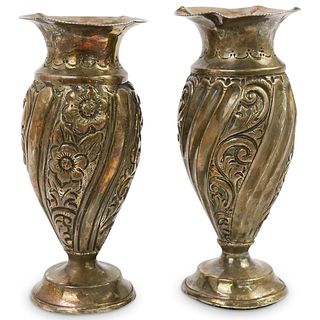 (2 Pc) English Sterling Repousse Small Vases