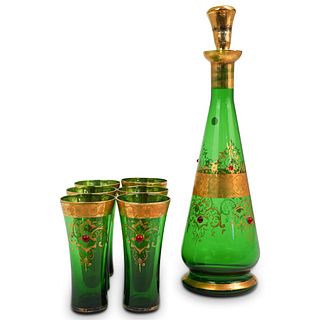 (7 Pc) Bohemian Green Glass Decanter Set
