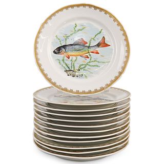 (12 Pc) French Porcelain Painted Fish Plates