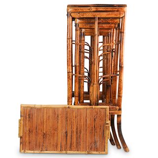 (4 Pc) Nesting Bamboo Stacking Tables w/ Tray