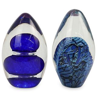 (2 Pc) Art Glass Cobalt Blue Paperweights Egg Set